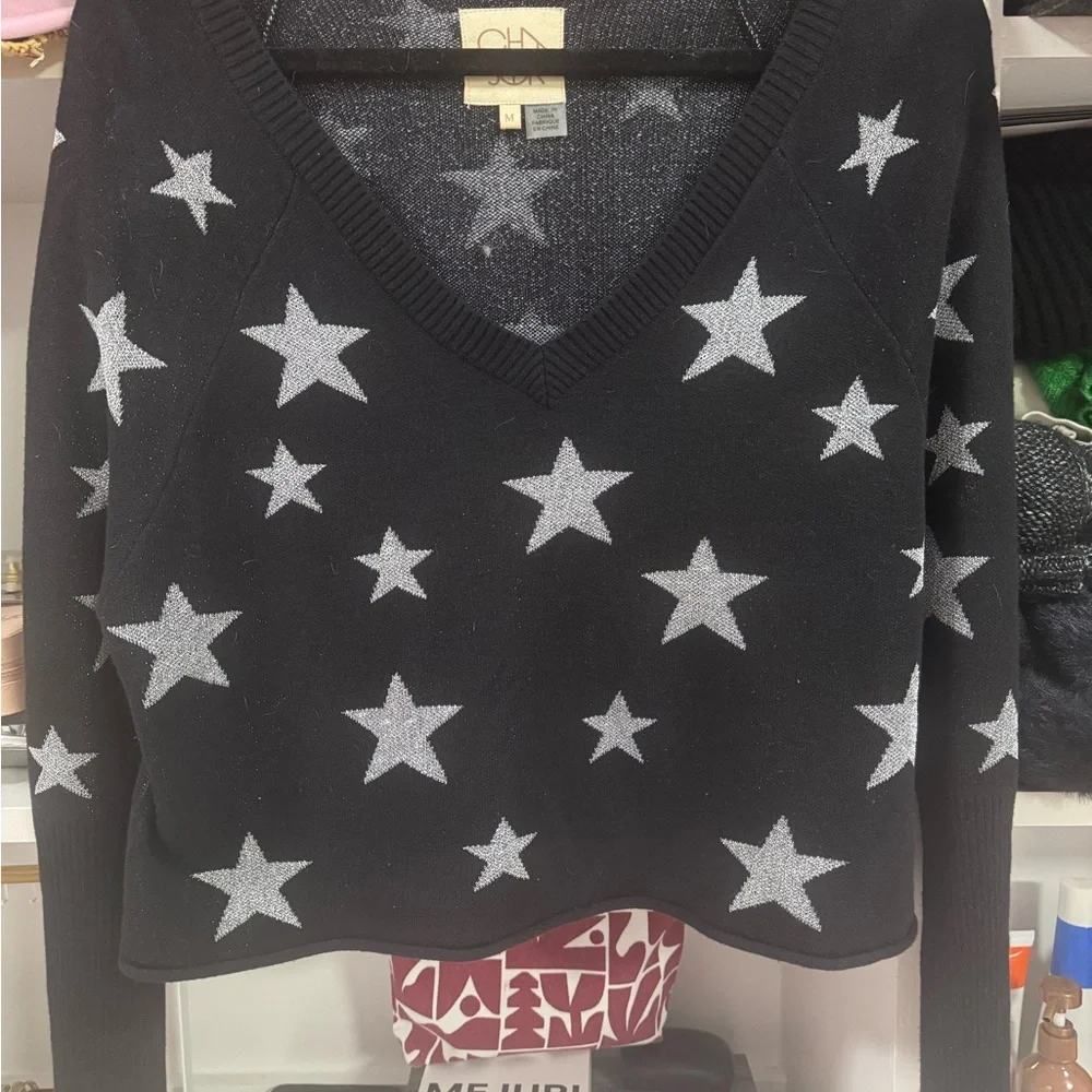 Chaser Star Print V-Neck Sweater Black Silver Stars Size M - Picture 5 of 5